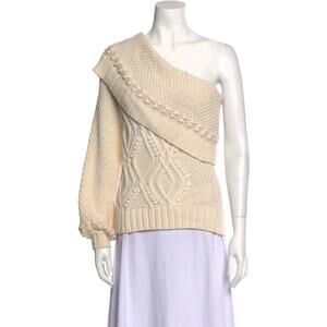 Intermix Women's Small Cable Knit One Shoulder Wool Sweater Neutral Knitwear